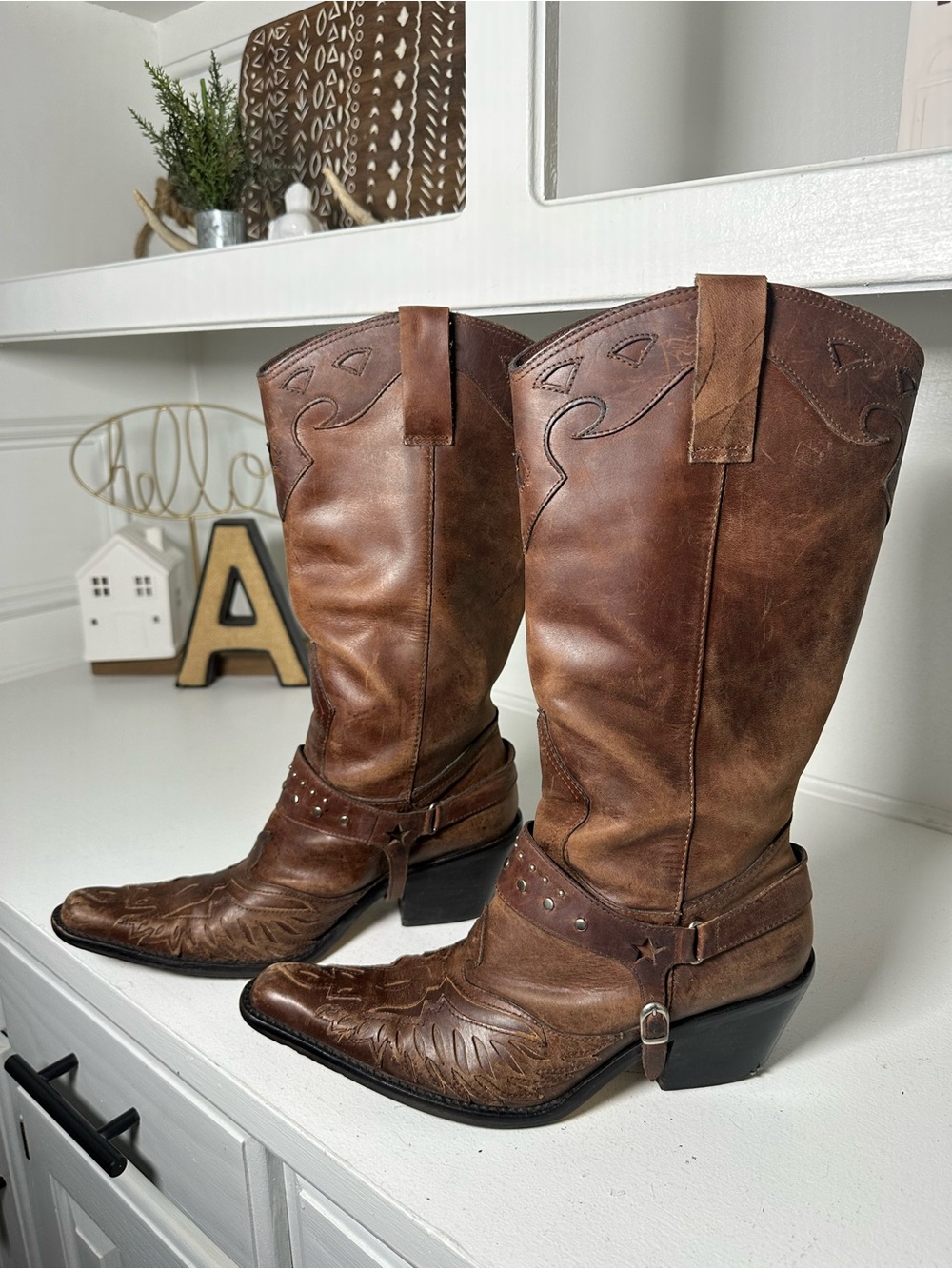 MIA Cowboy Boots Women's 8M Brown Harness Western Boots Distressed Leather